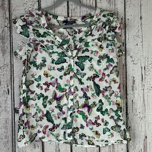 Denim 24/7 Plus Size 16W Butterfly Print Flutter‎ Sleeve Button Front Blouse